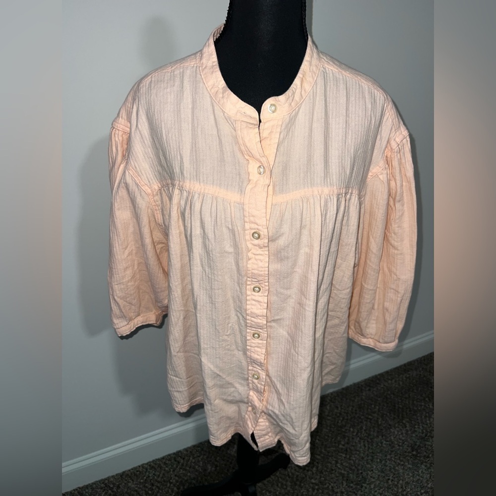 LEE Peach Women's 100% Cotton Button Down Peasant Blouse Top Size L